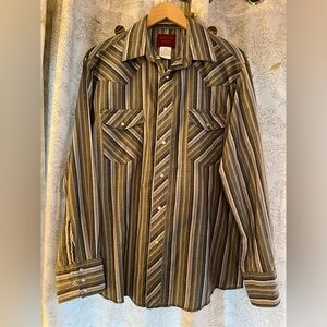 Rustler Western Pearl Snap Striped Rockabilly Shirt Men’s Large X-Long Tails